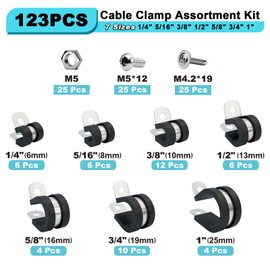 123PCS Cable Clamps with Screws Assortment Kit, 304 Stainless Steel Rubber Cushion Pipe Clamps, 7 Sizes (1/4" to 1") for Automotive, Marine, Industrial, Hose & Tube