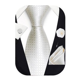 AXLON White Self Ties For Men – Tie Set With Pocket Square Cufflinks & Flower Brooch Pin For Mens(AXTS40) (Pack of 4)