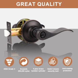 Probrico (1 Pack Entry Door Lever [Lock with 3 Keys],Locking Door Handle Set for Office or Front Door,Oil Rubbed Bronze Wave Entrance Door Lock with Key, Reversible Right & Left Side Handed
