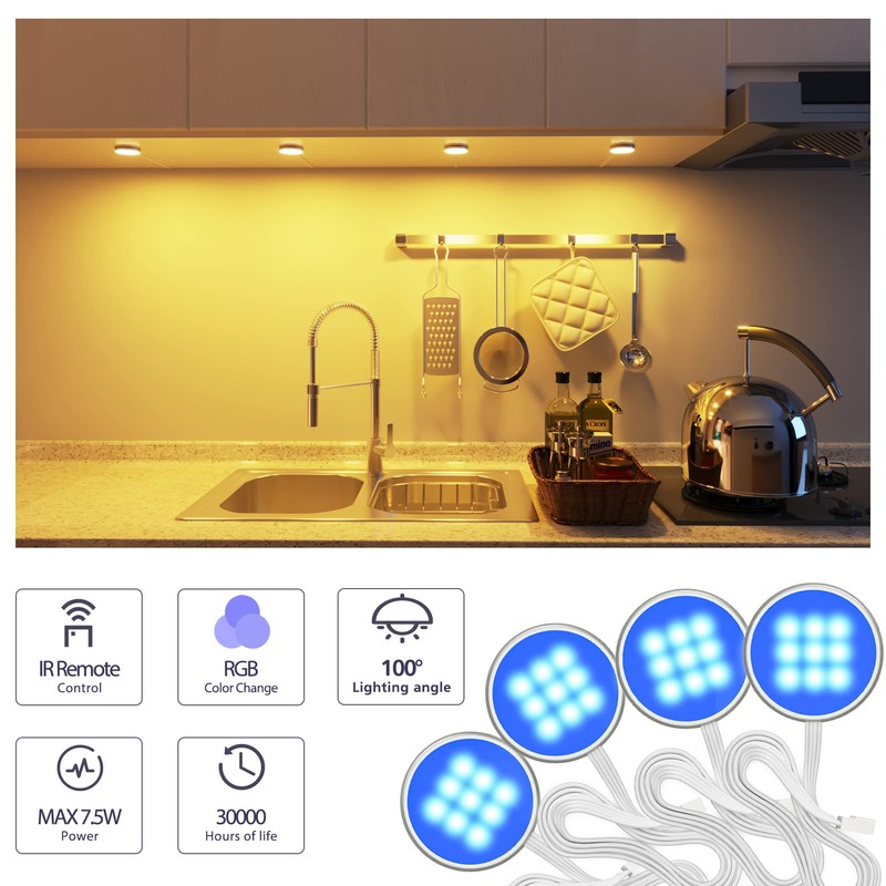 MYPLUS Under Cabinet Lighting Kit, RGB Puck Lights with Remote