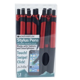 Monteverde S-106 Click Action One-Touch Ballpoint Pen with Top Stylus, Red, 12-Pack (MV36174)