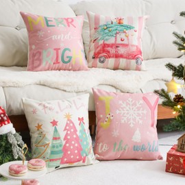 NEWLIGHTURE Christmas Pillow Covers Pink Merry and Bright Set of 4 Colorful Holiday Party Decorative Throw Pillow Covers Xmas Tree Truck Cushion Case for Home Sofa Bed Chair