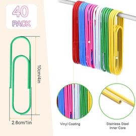Jumbo Paper Clips 4 Inch Giant - ForTomorrow 40 Pcs Extra Large Paperclips Big Colored Paper Clip Vinyl Coated (6 Colors, 10cm)