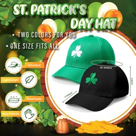 Cozypower 2 Pcs St Patricks Day Hats Shamrock Soft Baseball Cap 3 Leaf St Patricks Day Accessories for Men Women(Green,Black)