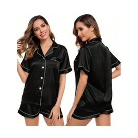 Stain Pajamas for Women Black Silk Pjs Sets Plus Size Women's Pajamas Set Ladies Two-piece Outfit Bridal Party Pj Sets Womens Loungewear Set, S