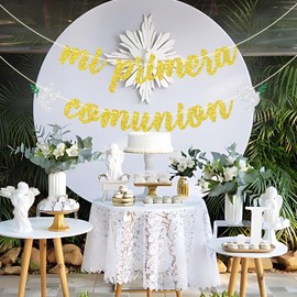 Mi Primera Communion Banner, Spanish Baby Baptism Banner, First Holy Communion Decoration, Christening Baby Shower/Birthday Party Decorations Gold & Silver Glitter