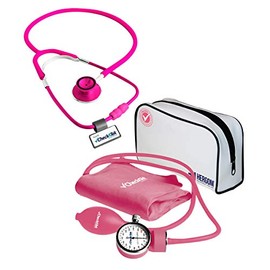 Checkatek Kit Baumanómetro Aneroide con Estetoscopio Doble Económico, Manómetro de Carátula Amplia, Estetoscopio de Alta Frecuencia, Brazal Nylon Reforzado, Rosa