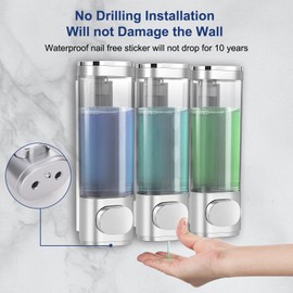 6pcs Shampoo and Conditioner Dispenser No Drill Shower soap Dispenser Wall Mounted 3 Chamber for Bathroom, Kitchen,Hotel Pumps are Easy to use No leaks (Silver)