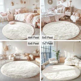 OLANLY Ivory Round Rugs for Bedroom - Machine Washable, 4x4 Feet Circle Area Rugs for Living Room, Soft and Fluffy Shaggy Carpet for Teen Girls and Boys, Dorms, Nursery Rooms, Home Decor Aesthetic | OLANLY