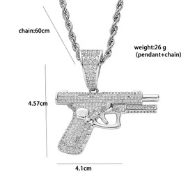 Hip Hop Zircon Pistol Pendant Necklace Stainless Steel Rice Rope Chain Gun Necklace for Men Jewelry Gifts (Silver)