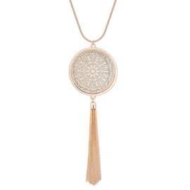 MOLOCH Long Necklaces for Woman Disk Circle Pendant Necklaces Tassel Fringe Necklace Set Statement Pendant (Gold)