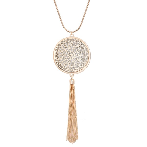 MOLOCH Long Necklaces for Woman Disk Circle Pendant Necklaces Tassel Fringe Necklace Set Statement Pendant (Gold)