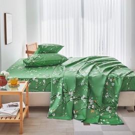 ZANBAST Floral King Sheet Set Green 4 Pcs Flowers Print Bed Sheet Set Farmhouse Style Easy Fits Microfiber Sheets-All Seasons (Green, King)