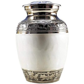 Small Cremation Urn for Human Ashes | Mini Aluminum Urn with Secure Lid for Adult Men or Women | Decorative Keepsake Funeral Urns with Velvet Bag – (Pearl White,Holds 70 lbs)