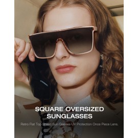Fozono Trendy Square Oversized Sunglasses for Women Men Retro Flat Top Shield Sun Glasses UV Protection Once Piece Lens Light Brown Frame/Brown Lens