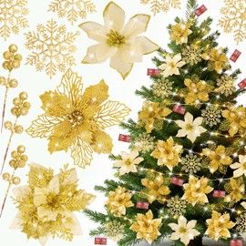 BSMYBO 59PCS Christmas Tree Decorations Gold Poinsettia Artificial Flowers Christmas Ornaments Christmas Balls Berry Stems Hanging Snowflakes Cards for Xmas Tree Party Holiday Decor (6 Style)