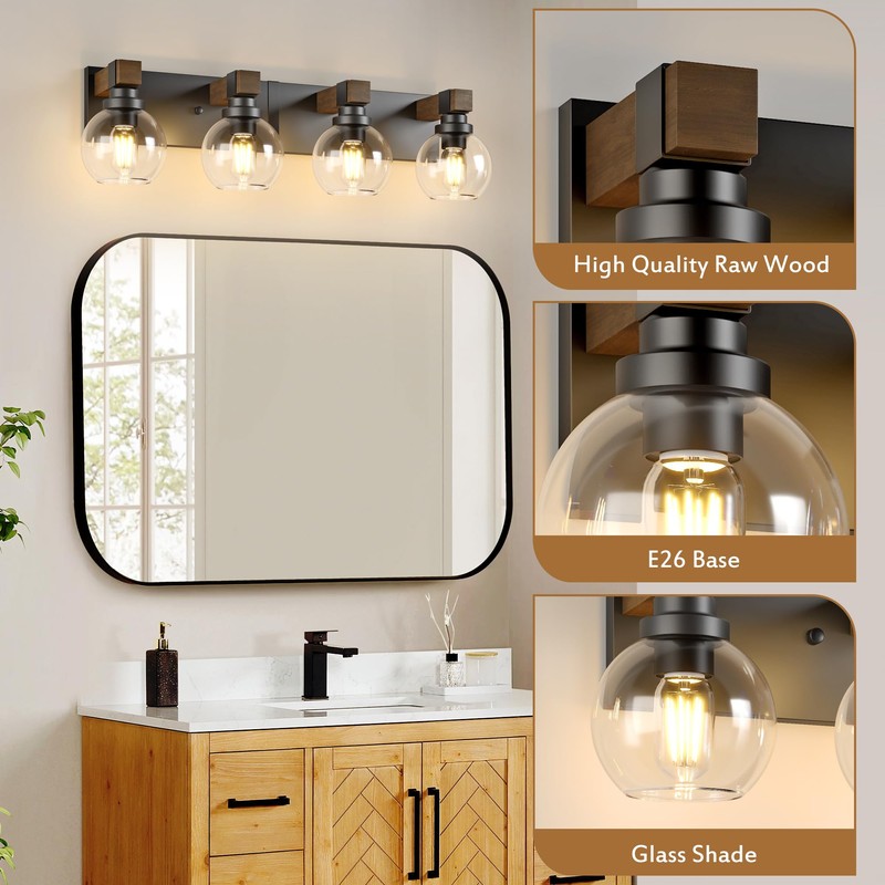 Farmhouse Bathroom Vanity Light Fixtures, 4-Light Wood Bathroom Light Fixtures