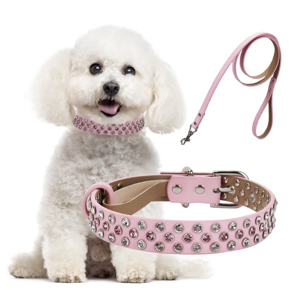 Rhinestone Dog Collar, Bling Diamond Leather Dog Collar with Leash