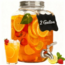 2 Gallon Christmas Drink Dispenser with 18/8 Stainless Steel Spigot – Glass Mason Jar for Sun Tea, Iced Lemonade, Holiday Parties, Outdoor Use & Laundry Detergent Holder