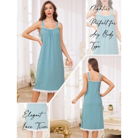 Vlazom Nighties for Women Sleeveless Cotton Nightgown Elegant Lace Trim Nightdress Sleep Shirt Sleepwear Light Green,M