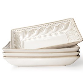Artena Ceramic Pasta Bowls Set of 4-9.85 Inch Large Salad Bowls, 25 oz Serving Bowls for Soup, Dinner & Party - Embossed Microwave Safe Kitchen Dishes, Rectangle Plates (Willow Leaf)