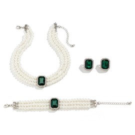 ALRNBY Jewelry Set for Women Red/Green Prom Jewelry Set Western Statement Pearl Necklace Choker Bracelet Rings Trendy Gift Bridesmaid Jewelry (C1 Green)