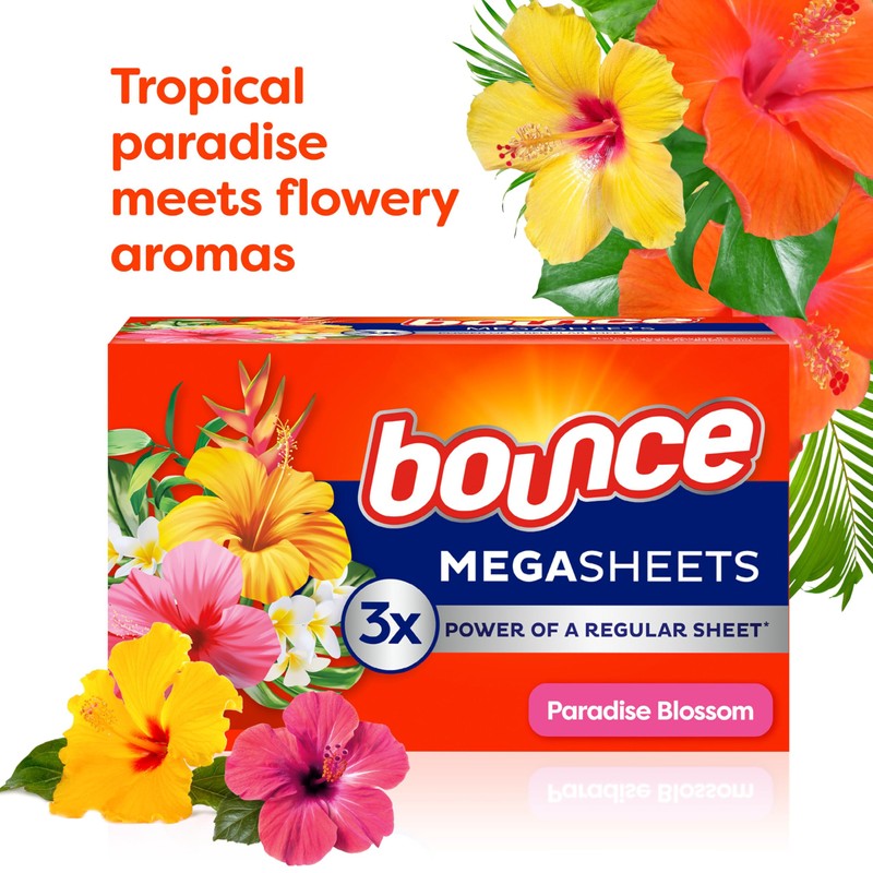 Bounce Mega Dryer Sheets, Paradise Blossom, 180 Count, Mega Fabric