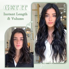 FINE PLUS Clip-In Extensions, 4 Pieces Long Wavy Hair Extensions Clip in Dark Brown Soft Double Weft Brunette Extensions with Clip Synthetic Hairpiece for Women - 50.8 cm