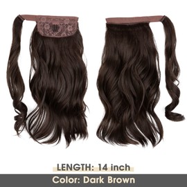 CJL HAIR 14" Short Ponytail Hair Extension Wrap Around Pony Tail Clip in Curly Wavy Synthetic Fake Hairpiece for Women Dark Brown