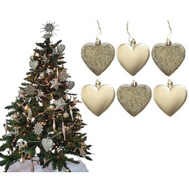 6pc Large Glitter & Matte Heart Baubles - Great Christmas Tree Decorations, Heart Baubles (Champagne Gold)