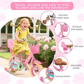 Glaf Toddler Girls Bike for Kids Age 2-12 Years Old 12 14 16 20 Inch Girls Bike with Training Wheels and Doll Seat Kids Bicycle with Basket Adjustable Seat (14 Inch with Training Wheels, Flower Pink)
