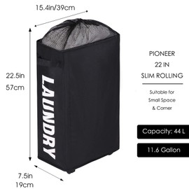 Caroeas 22" Rolling Slim Laundry Basket with Stand Foldable Waterproof Sorter and Organizer on Wheels Tall Thin Dirty Laundry Hamper Basket Home Corner Bin (Slim 22",Black)