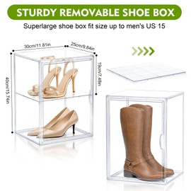 3 Pack Super Large Magnetic Boot Storage Boxes Clear Stackable Storage Bins with Adjustable Divider, Acrylic Plastic Shoe Boxes Organizers Container With Lids Fits Up to Size 16