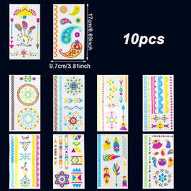 10 Blätter Temporäre Tattoos die im Dunkeln Leuchten, Wasserfeste Körper Leuchtende Gesichtstattoos Selbst Aufkleber, Temporäre Neon Tattoos, Klebetattoos für Schwarzlicht UV Party & Festivals