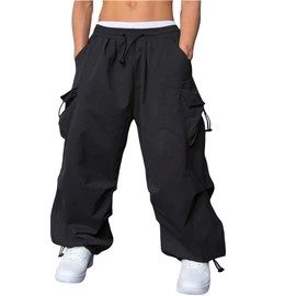 WZIKAI Men's Baggy Cargo Pants Casual Parachute Cargo Pants Loose Fit Hip Hop Harem Pants with Pockets Black L