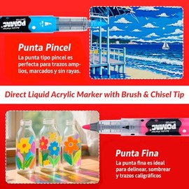 POMAC Rotuladores de Pintura Acrílica de Doble Punta Colores Surtidos, Marcador Acrílico Líquido Directo con Pincel y Punta Fina, Marcador de Pintura (24)