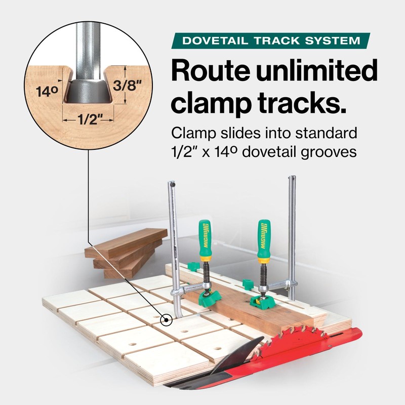 MICROJIG Matchfit DVC-850AP 2-In1, Track And In-Line Dovetail Clamp, Green