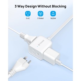 TROND Regleta de enchufes con Enchufe Plano en Esquina Derecha 2 en 1 Detachable, Cable de extensión Plano de 3 m, extensión de Cable de alimentación de 16 AWG, 3 Clavijas con 3 Salidas múltiples