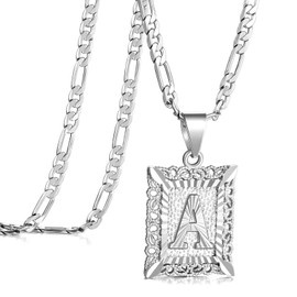 HITCH REAP 14k Gold Plated Stainless Steel Initial Letter Pendant Necklace for Men Womens,Square Capital Monogram Necklace Alhpabets Figaro Chain Necklace Silver A