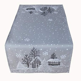 Raebel OHG Table Runner Embroidery Winter Village Fir Christmas White Decorative Christmas Tablecloth (Light Grey/White, 40 x 85 cm)