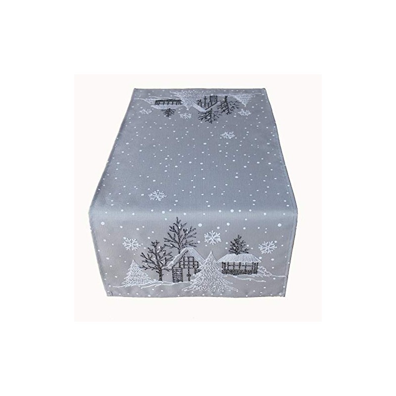 Raebel OHG Table Runner Embroidery Winter Village Fir Christmas White