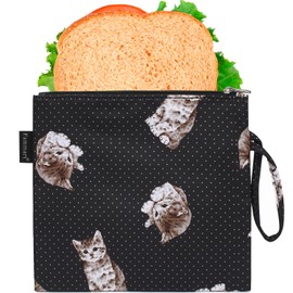 Reusable Sandwich Bag/Snack Bag for Kids & Adults, Dual Layer Lunch Bag with Handle, Washable, Food Safe, BPA Free (1-Pack, Dot&Cat)