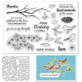 INFUNLY Bird Stamp and Die Christmas Stamps and Dies for Card Making Metal Cutting Dies Clear Stamps with Birds and Flowers Arts Supplies DIY Scrapbooking Stamping for Christmas Thanksgiving