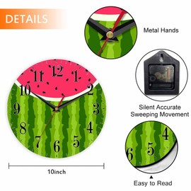 Mxocom Watermelon Wall Clock Black Seeds Red Slice Green Striped Skin Fruit Summer 10 Inch Silent Non Ticking Battery Operated Clock Vintage Round Clock for Living Room Bedroom Bathroom Office Decor