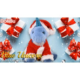 DolliBu Blue Unicorn Stuffed Animal Plush Toy with Red Santa Outfit - 9 Inches