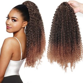 GOTEFERBE 18 Inch Kinky Curly Drawstring Ponytail Synthetic Hair Clip In Ponytail for Women Warm Brown Red Curly Hair No Shedding Tangle Free #4/30