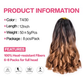 French Curly Braiding Hair 12 Inch 8 Packs Ombre Brown Pre Stretched French Curl Braiding Hair, 50g/pack Loose Wavy Bouncy Synthetic Crochet Hair Extensions (12 Inch,8 packs,OT4/30)