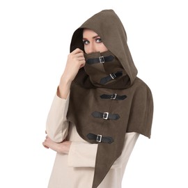 KUOIN Medieval Hooded Cowl Hood for Men, Women's Goth Renaissance Fairs Costume Accessory with Buckle (Brown, L)