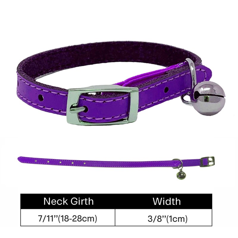 Cat Collar Real Leather with Safety Elastic, Bell, Available (Purple)