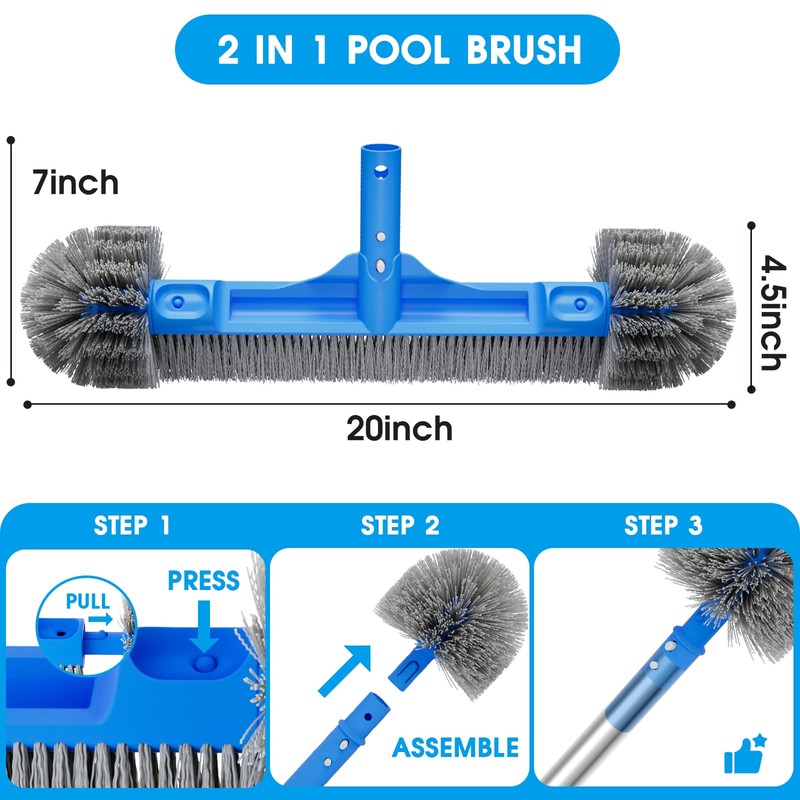 TidyMister Pool Brush Set - 20’’ 2-in-1 Detachable Round Brush